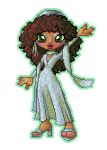 pixel doll of a cartoony melon-headed lady with oversized hands and feet, seen from 3/4 view but head facing forward and with one arm thrown into the air, she has medium brown skin and big bug-like green eyes with silver eyeshadow and plump berry lips, medium-long layered curly brown hair; she's wearing a shimmery silver dress with plunging neckline, flowy skirt, long sleeves, and a scarf that's wrapped around her neck and cascades over her arms, silver evening sandals with chunky heels, and a silver cap of geometric shape